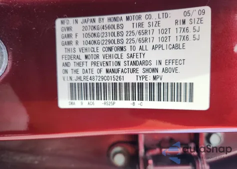 2009 Honda Cr-V Exl from USA, damaged, VIN JHLRE48729C015261